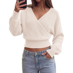 BTFBM Ribbed Knit V Neck Wrap Cross Sweaters for Women Fall Outfits 2026(Beige)