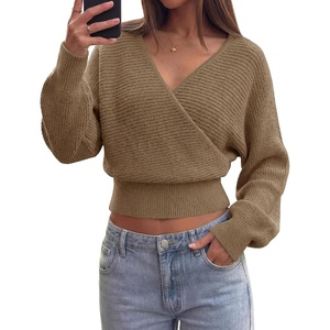 BTFBM Ribbed Knit V Neck Wrap Cross Sweaters for Women Fall Outfits 2026(Camel)