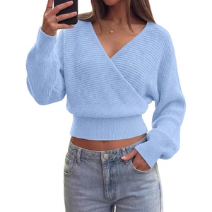 BTFBM Ribbed Knit V Neck Wrap Cross Sweaters for Women Fall Outfits 2026(Light Blue)