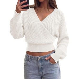 BTFBM Ribbed Knit V Neck Wrap Cross Sweaters for Women Fall Outfits 2026(White)