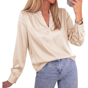 BTFBM Satin Blouses for Women Dressy Casual Work Fall Long Sleeve Shirts(Beige)
