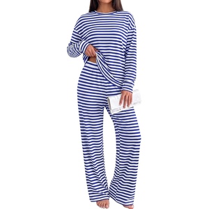 BTFBM Striped Lounge Set Women 2 Piece Outfit Tracksuit(White Blue)