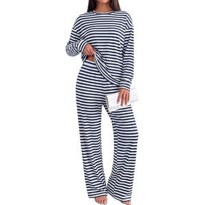 BTFBM Striped Lounge Set Women 2 Piece Outfit Tracksuit(White Navy)