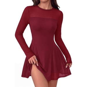 BTFBM Women’s Mini Dress Sheer Mesh Long Sleeve Dresses(Burgundy)