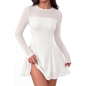 BTFBM Women’s Mini Dress Sheer Mesh Long Sleeve Dresses(White)