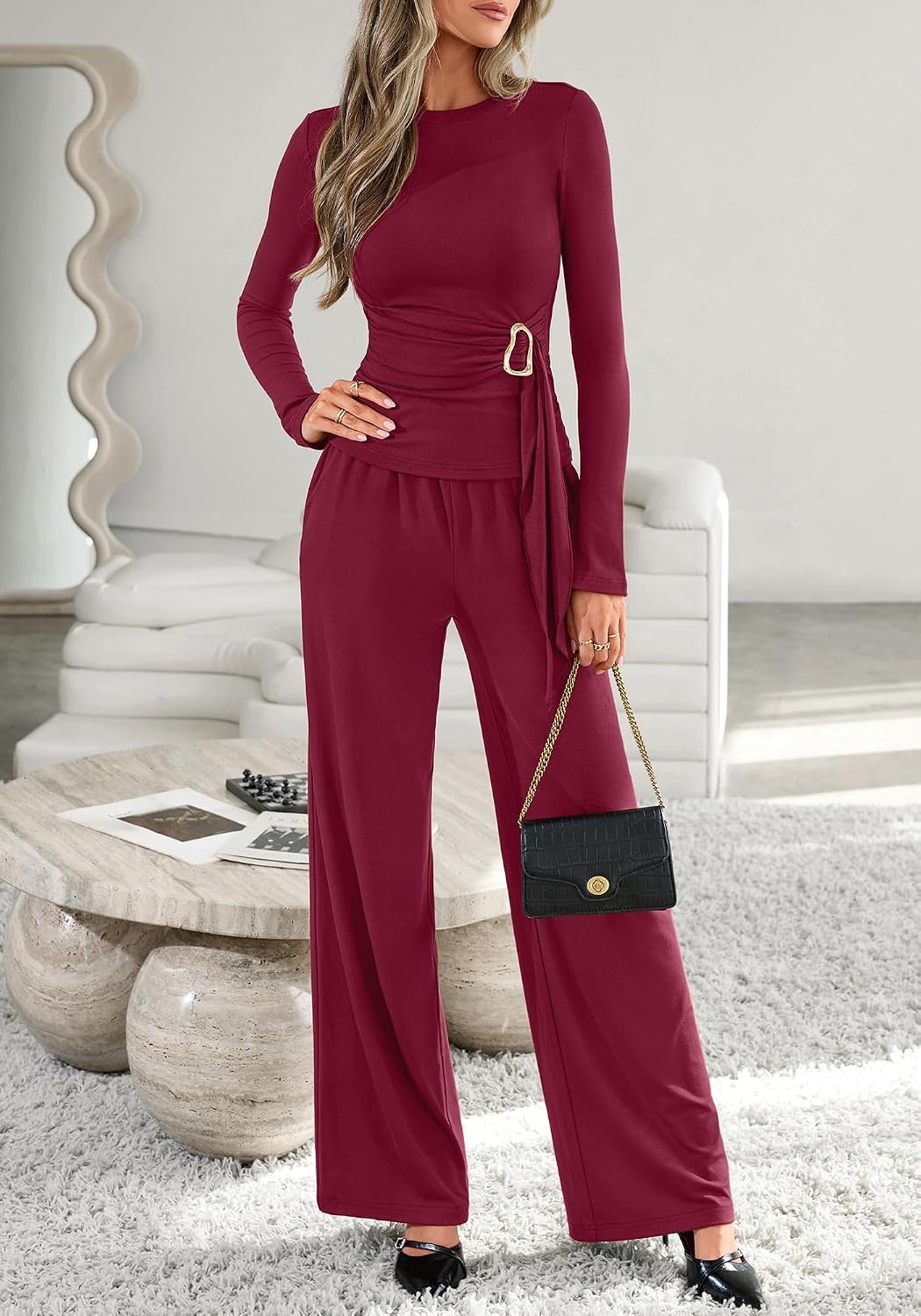 image:imageBTFBM 2 Piece Sets For Women Fall Outfits Lounge Set BusinessWine Red