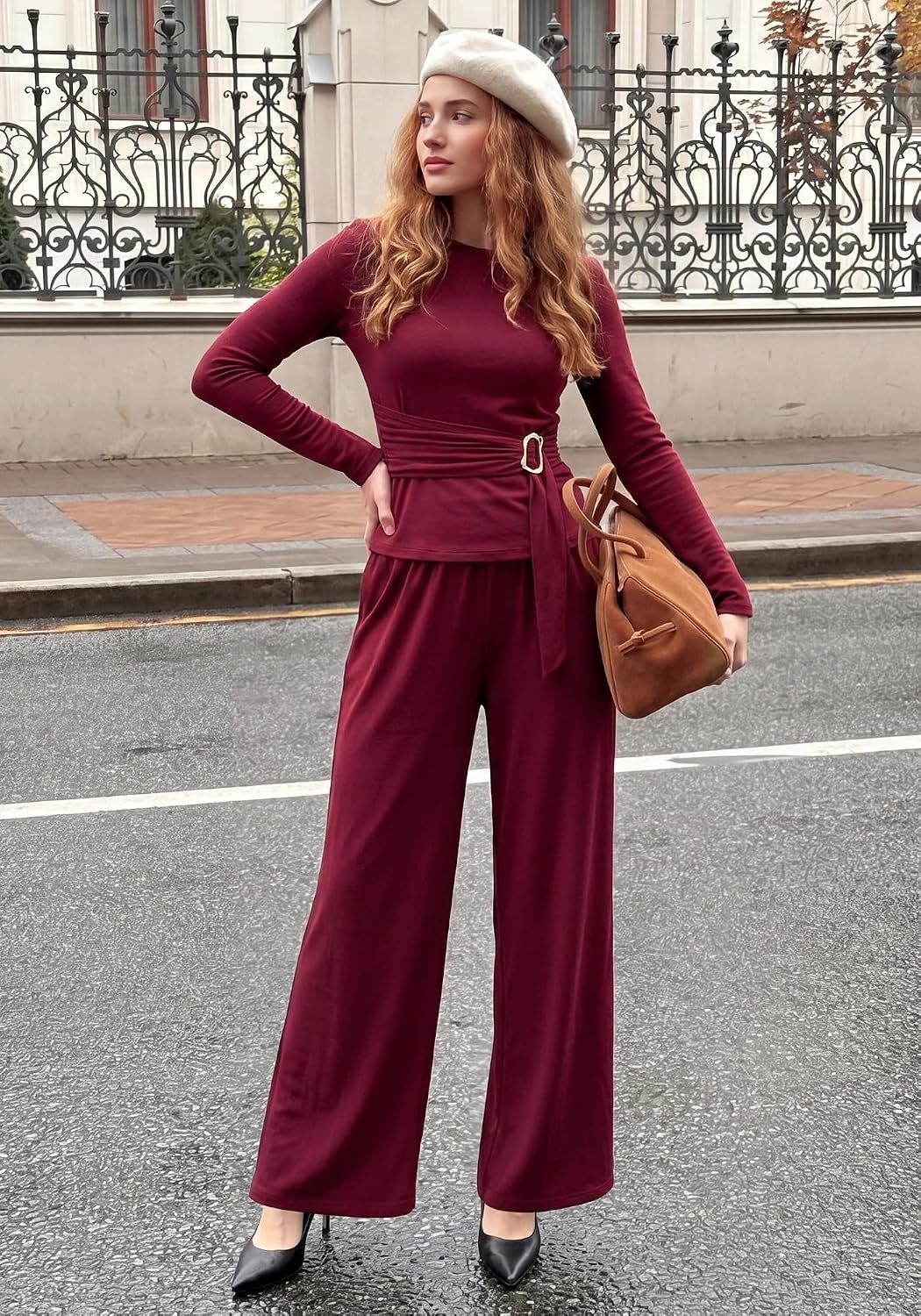 image:imageBTFBM 2 Piece Sets For Women Fall Outfits Lounge Set BusinessWine Red