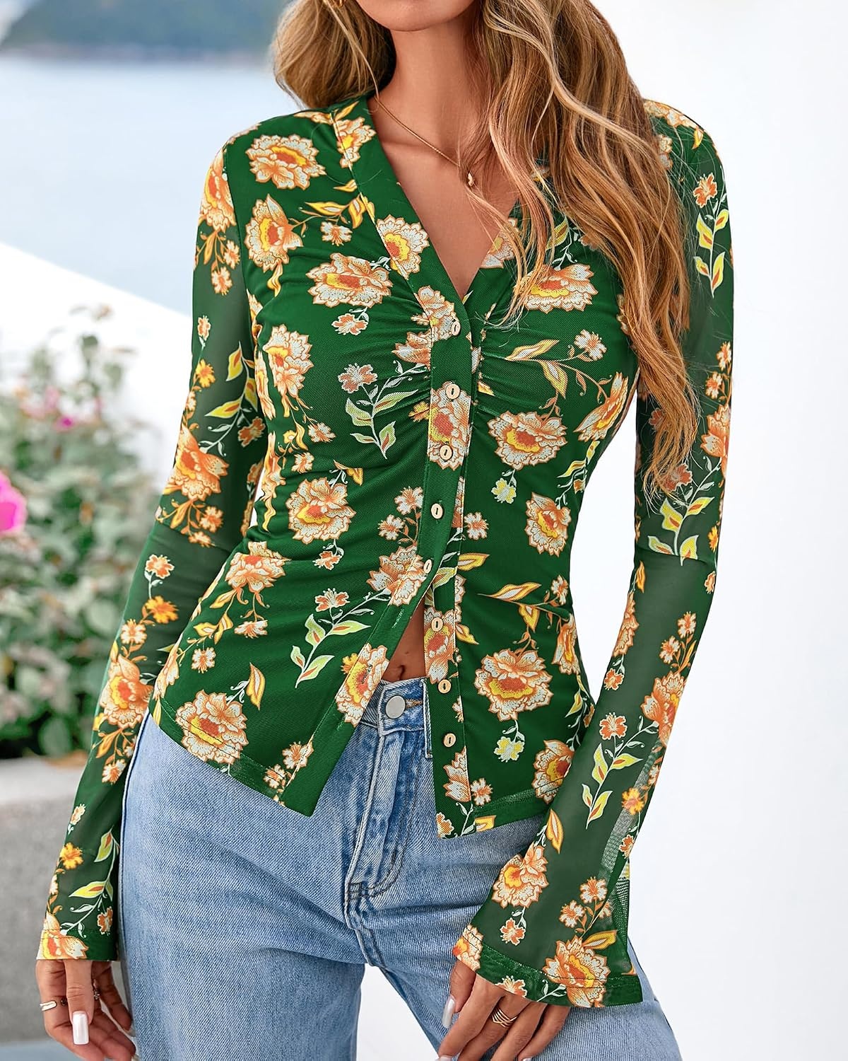 image:imageBTFBM Button Down Shirts for Women Fall Outfits 2026 Mesh Floral Boho TopsArmy Green