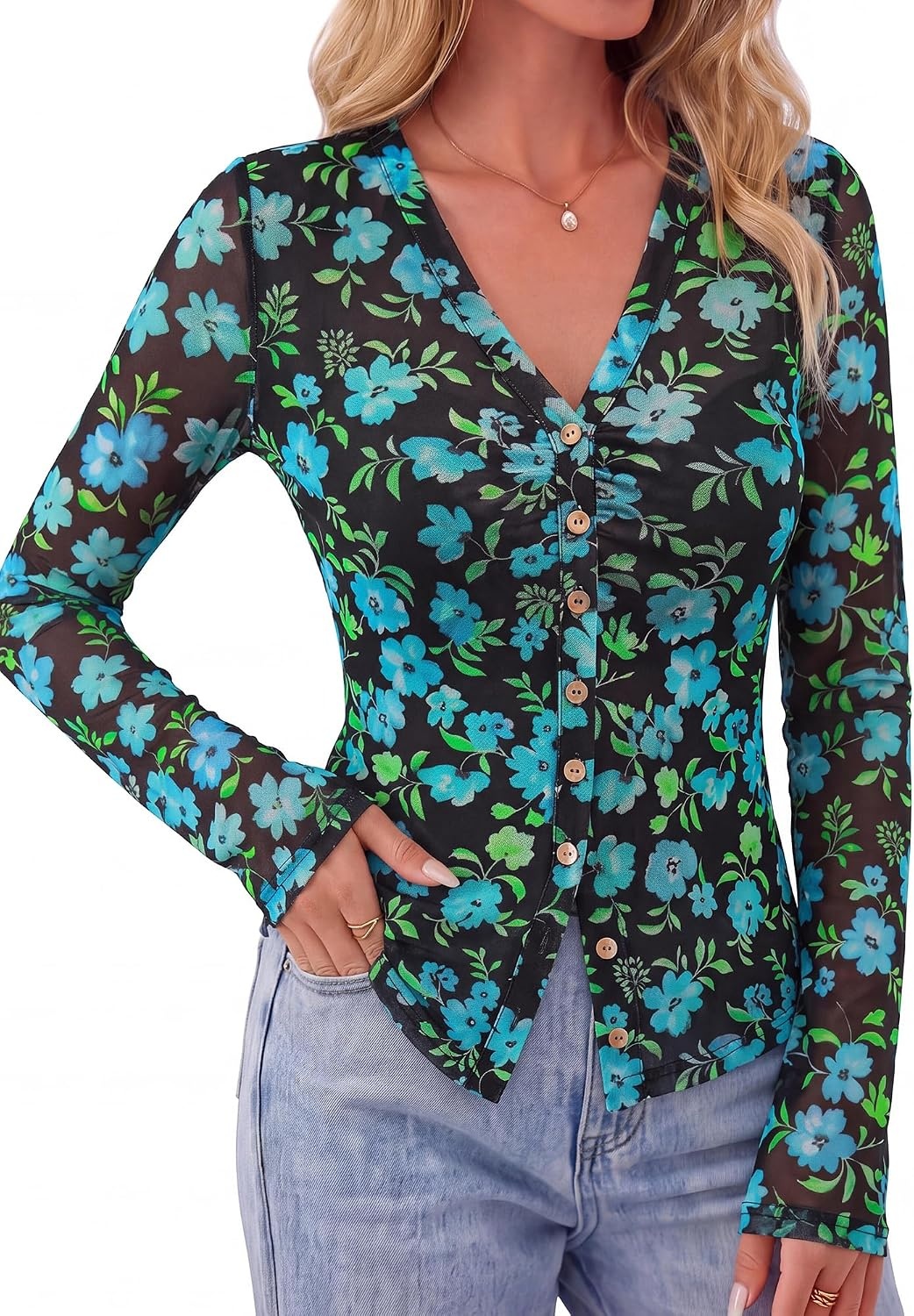image:imageBTFBM Button Down Shirts for Women Fall Outfits 2026 Mesh Floral Boho TopsBlack Blue Flower
