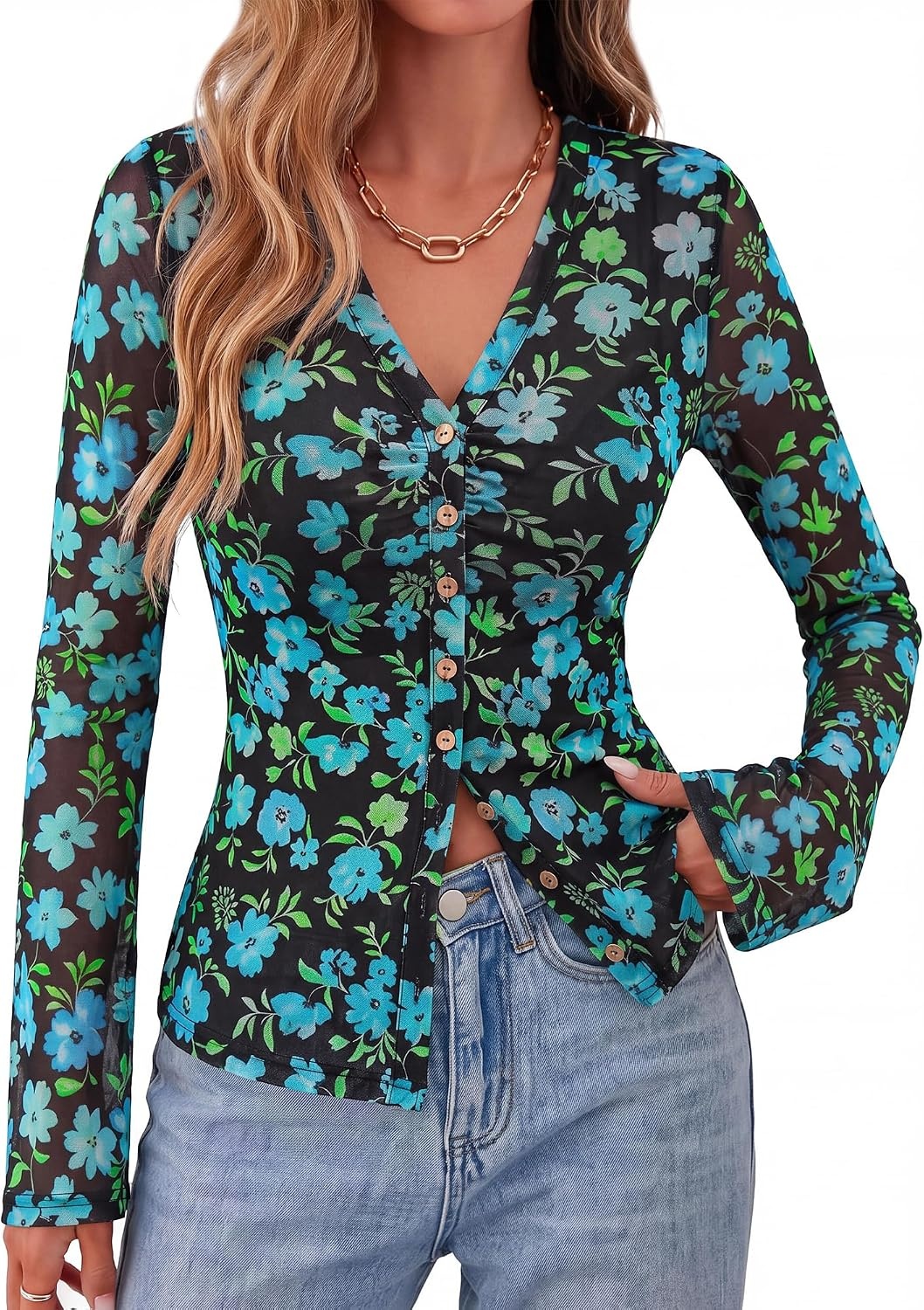 image:imageBTFBM Button Down Shirts for Women Fall Outfits 2026 Mesh Floral Boho TopsBlack Blue Flower