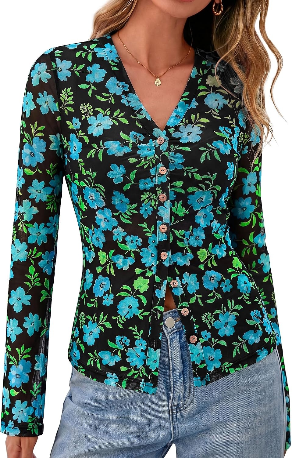 image:imageBTFBM Button Down Shirts for Women Fall Outfits 2026 Mesh Floral Boho TopsBlack Blue Flower