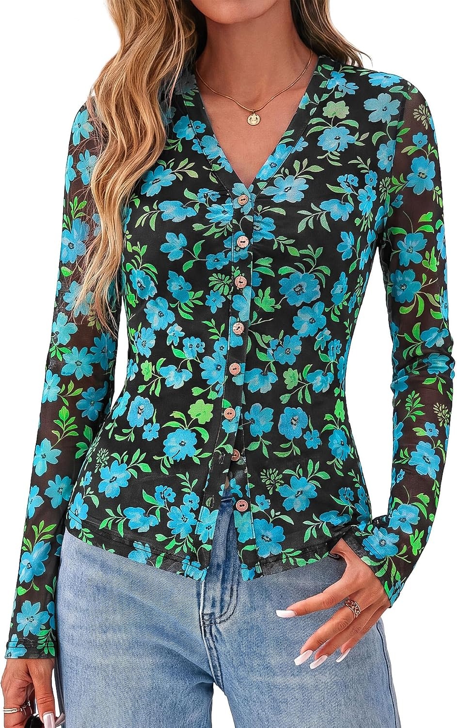 image:imageBTFBM Button Down Shirts for Women Fall Outfits 2026 Mesh Floral Boho TopsBlack Blue Flower