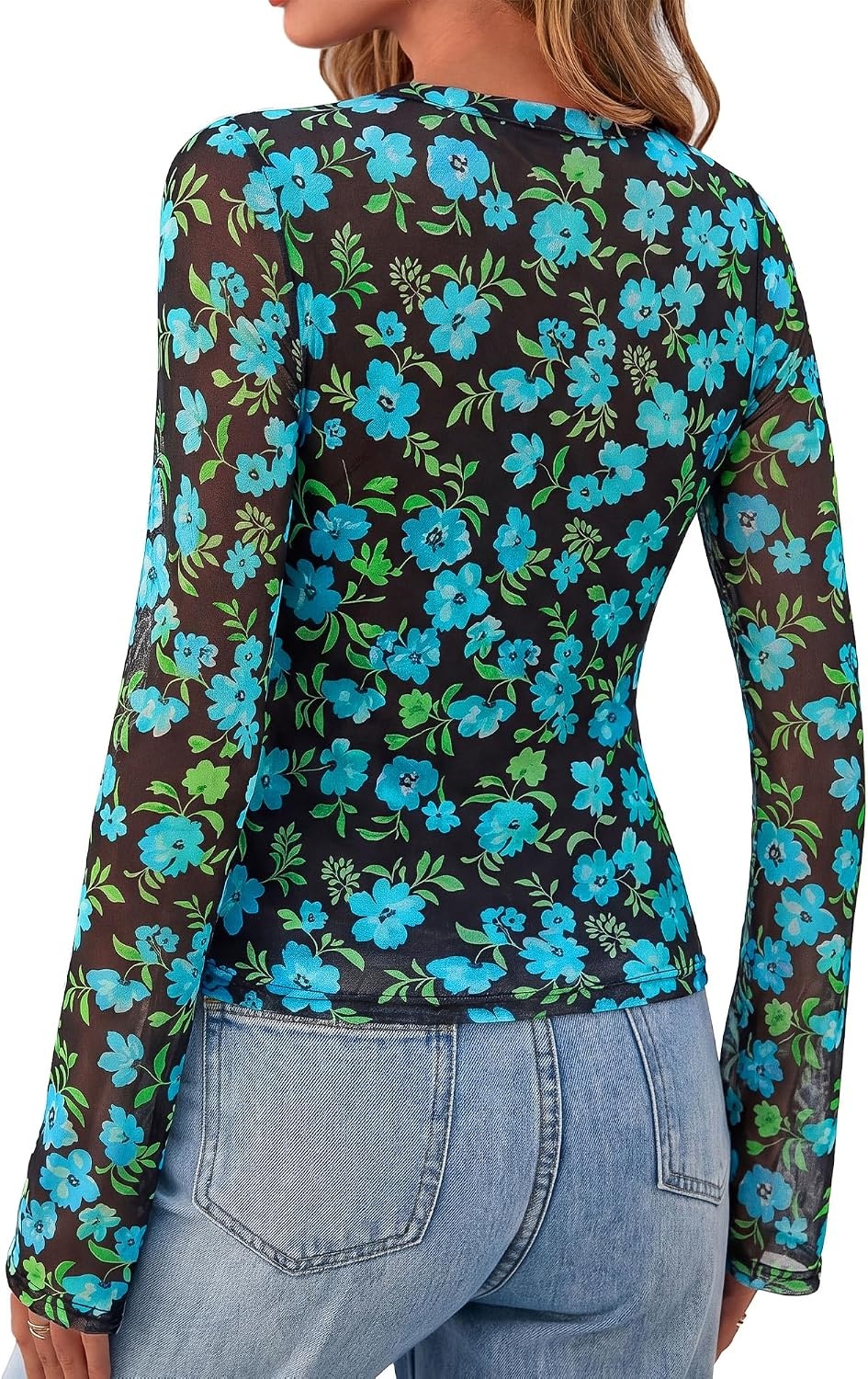 image:imageBTFBM Button Down Shirts for Women Fall Outfits 2026 Mesh Floral Boho TopsBlack Blue Flower