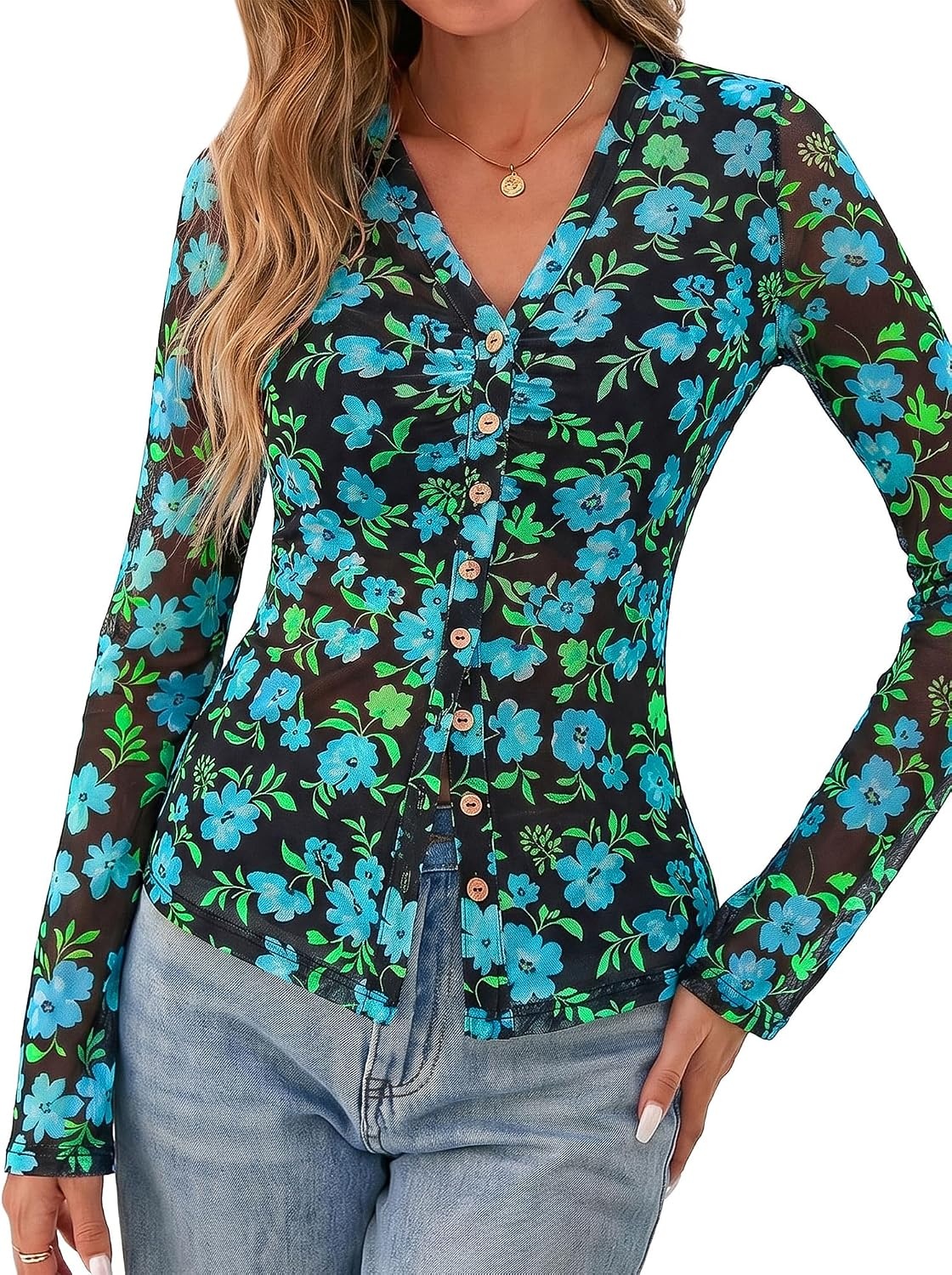 image:imageBTFBM Button Down Shirts for Women Fall Outfits 2026 Mesh Floral Boho TopsBlack Blue Flower