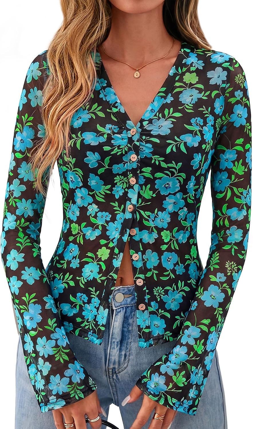 image:imageBTFBM Button Down Shirts for Women Fall Outfits 2026 Mesh Floral Boho TopsBlack Blue Flower