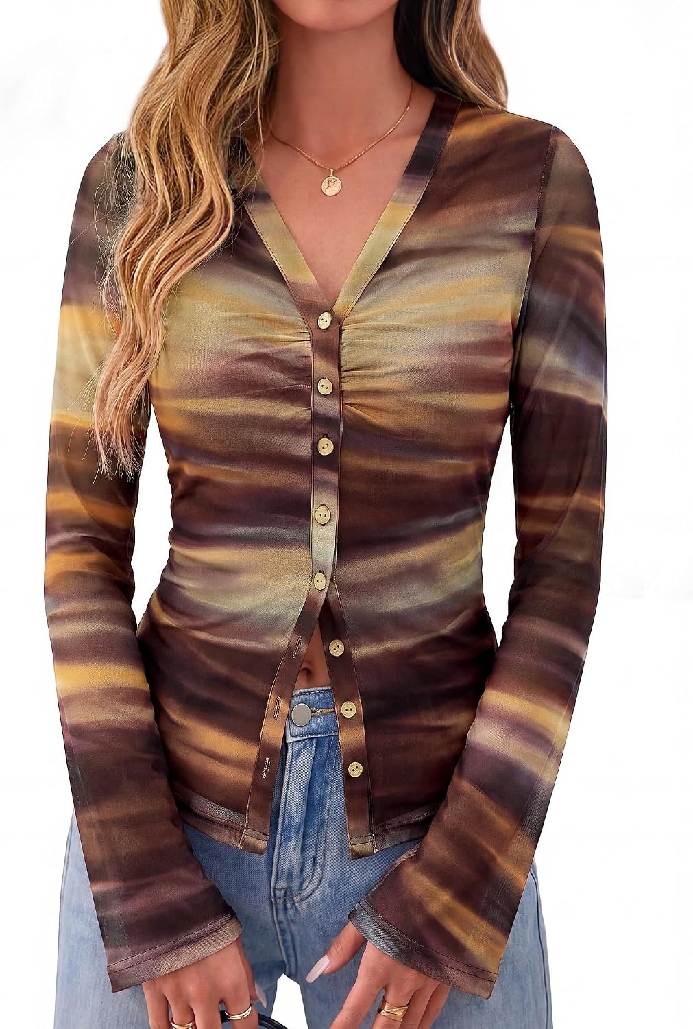 image:imageBTFBM Button Down Shirts for Women Fall Outfits 2026 Mesh Floral Boho TopsFloral Brown