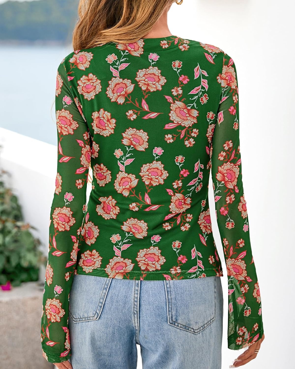 image:imageBTFBM Button Down Shirts for Women Fall Outfits 2026 Mesh Floral Boho TopsGreen