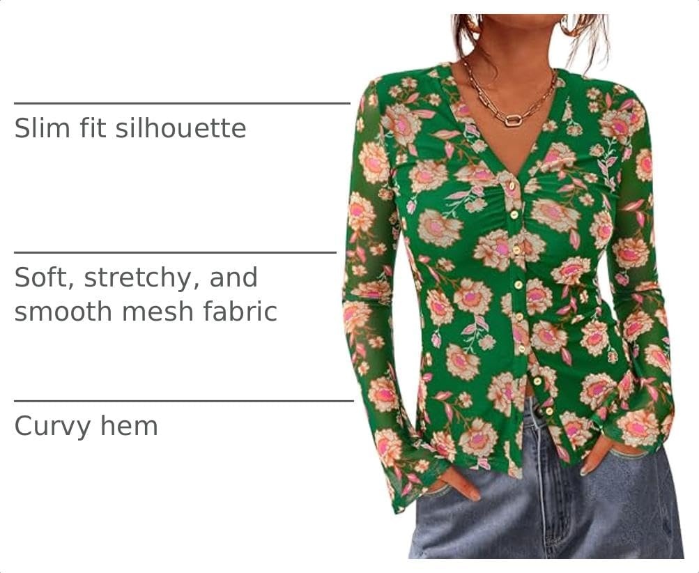 image:imageBTFBM Button Down Shirts for Women Fall Outfits 2026 Mesh Floral Boho TopsGreen