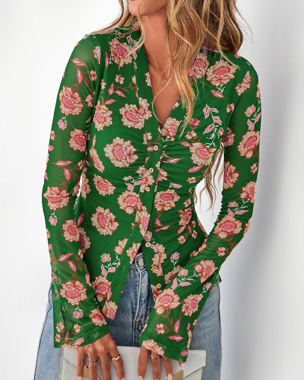 image:imageBTFBM Button Down Shirts for Women Fall Outfits 2026 Mesh Floral Boho TopsGreen