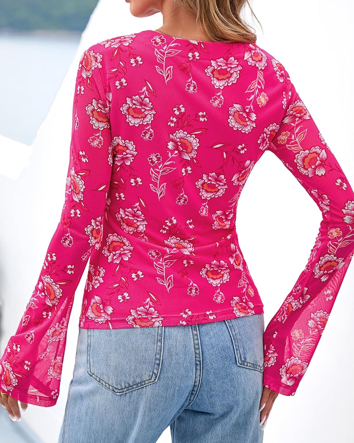 image:imageBTFBM Button Down Shirts for Women Fall Outfits 2026 Mesh Floral Boho TopsHot Pink
