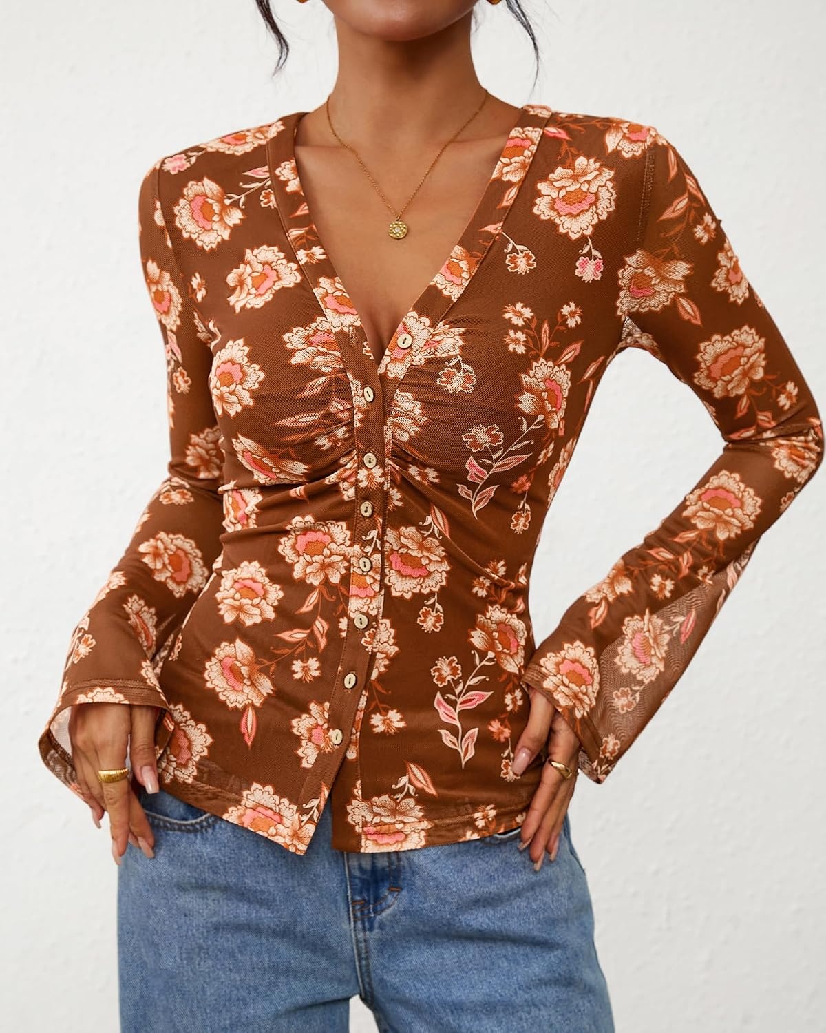 image:imageBTFBM Button Down Shirts for Women Fall Outfits 2026 Mesh Floral Boho TopsKhaki