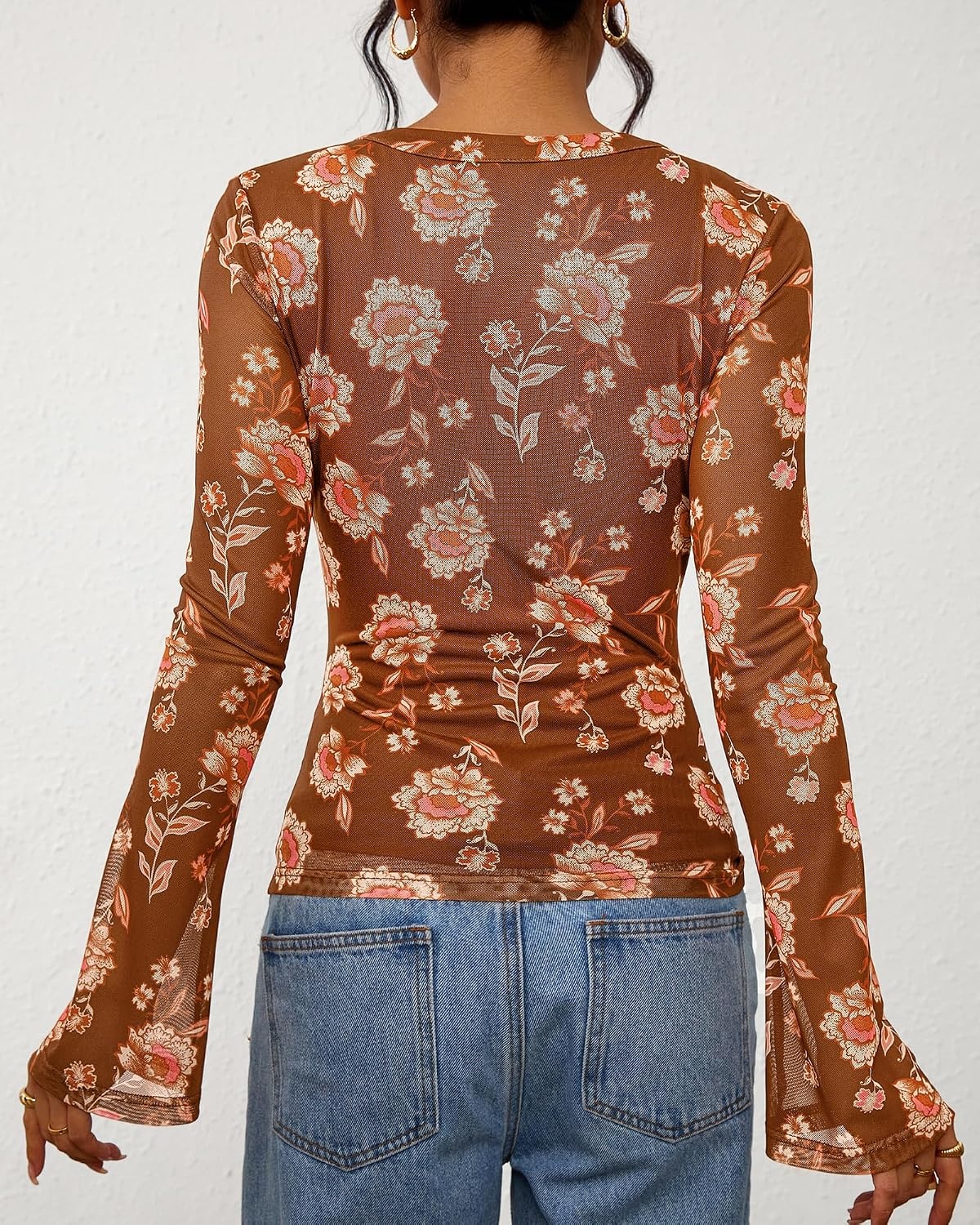 image:imageBTFBM Button Down Shirts for Women Fall Outfits 2026 Mesh Floral Boho TopsKhaki