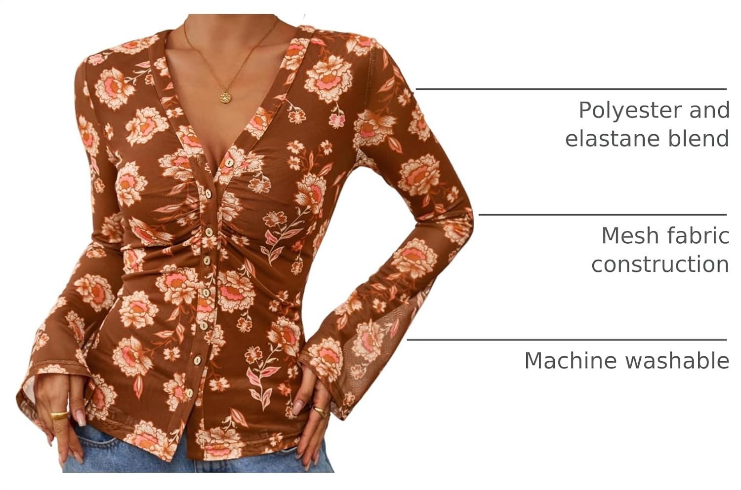 image:imageBTFBM Button Down Shirts for Women Fall Outfits 2026 Mesh Floral Boho TopsKhaki