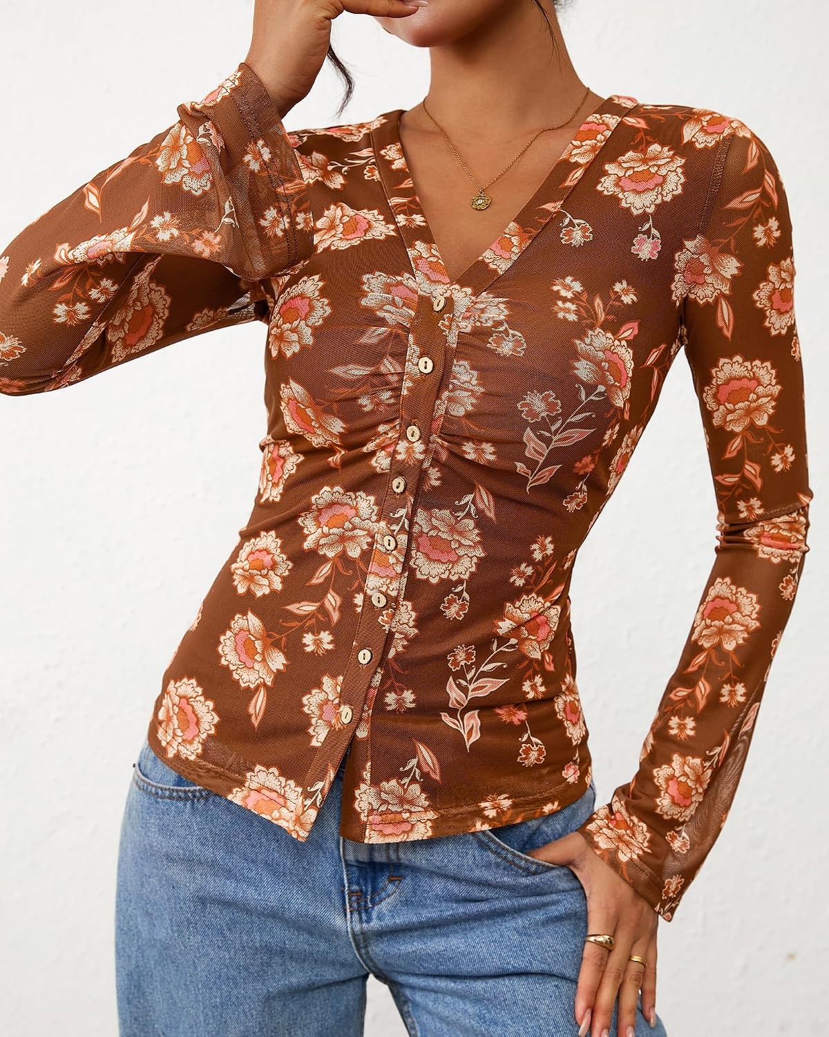 image:imageBTFBM Button Down Shirts for Women Fall Outfits 2026 Mesh Floral Boho TopsKhaki