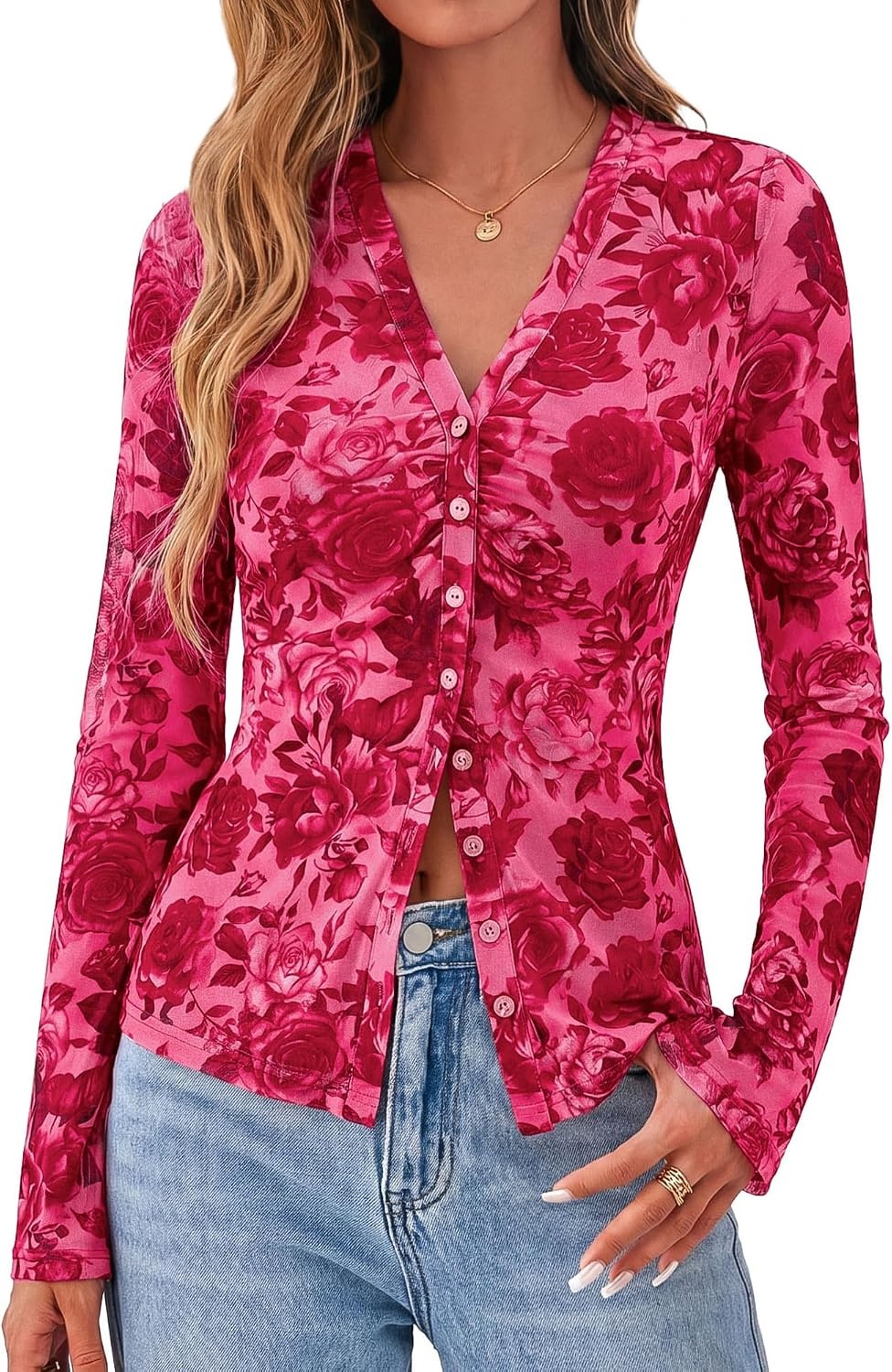 image:imageBTFBM Button Down Shirts for Women Fall Outfits 2026 Mesh Floral Boho TopsPink Red Flower
