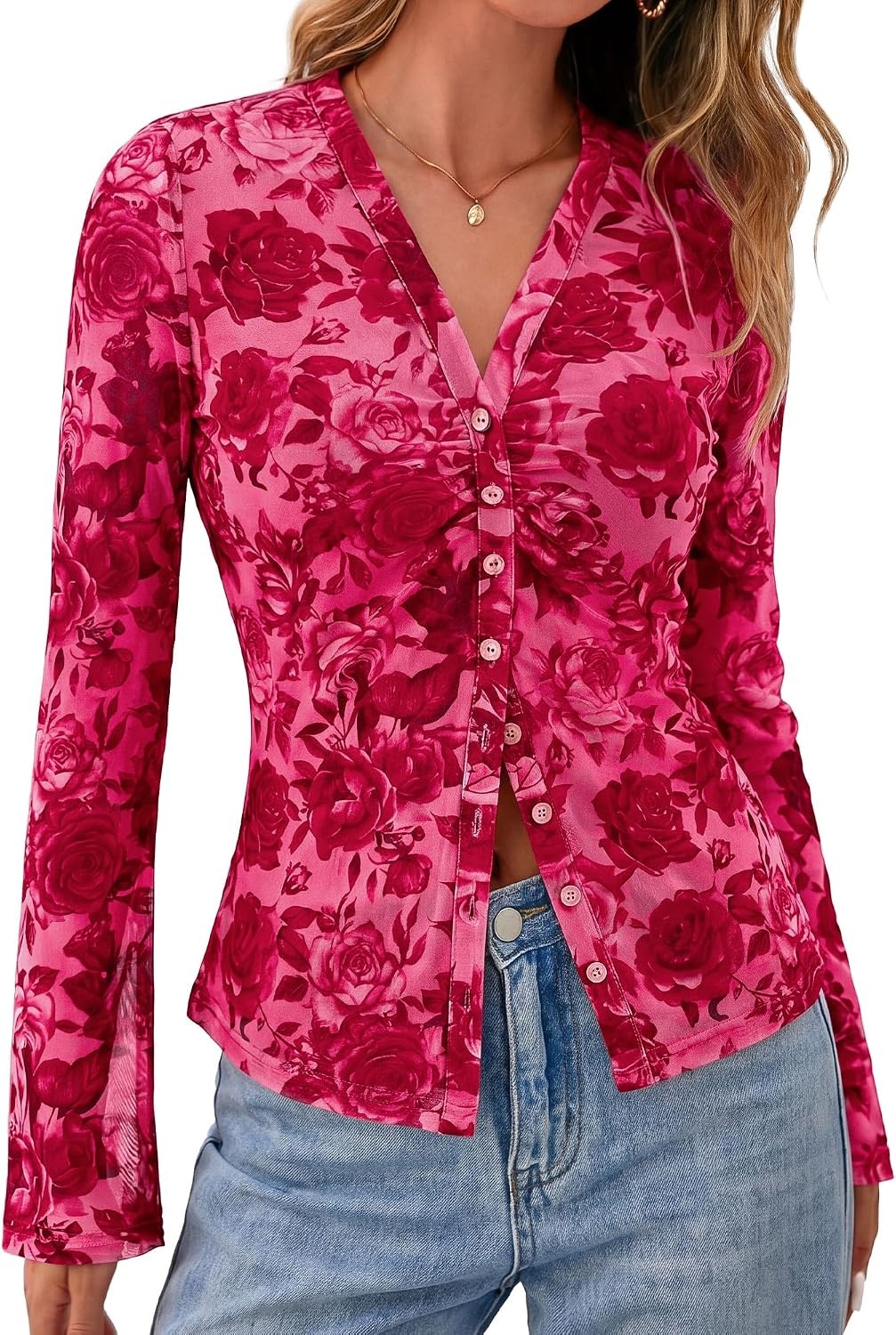 image:imageBTFBM Button Down Shirts for Women Fall Outfits 2026 Mesh Floral Boho TopsPink Red Flower