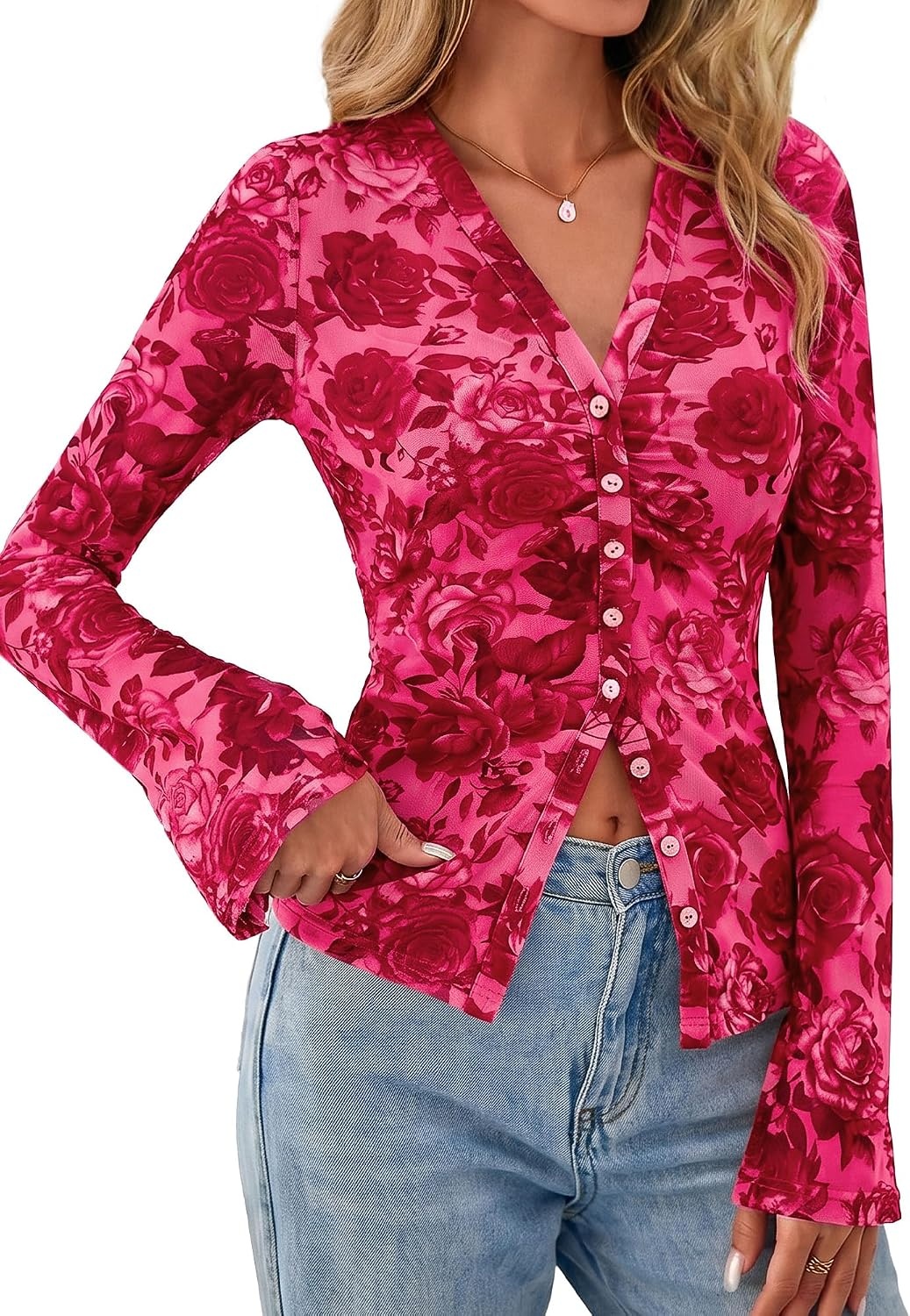 image:imageBTFBM Button Down Shirts for Women Fall Outfits 2026 Mesh Floral Boho TopsPink Red Flower