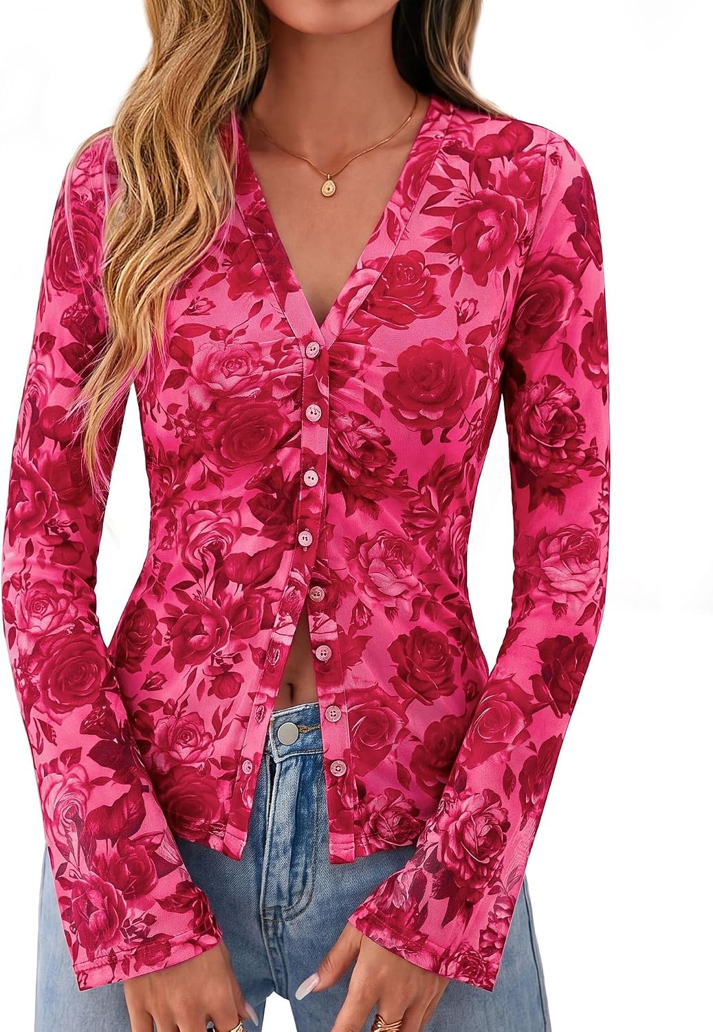 image:imageBTFBM Button Down Shirts for Women Fall Outfits 2026 Mesh Floral Boho TopsPink Red Flower