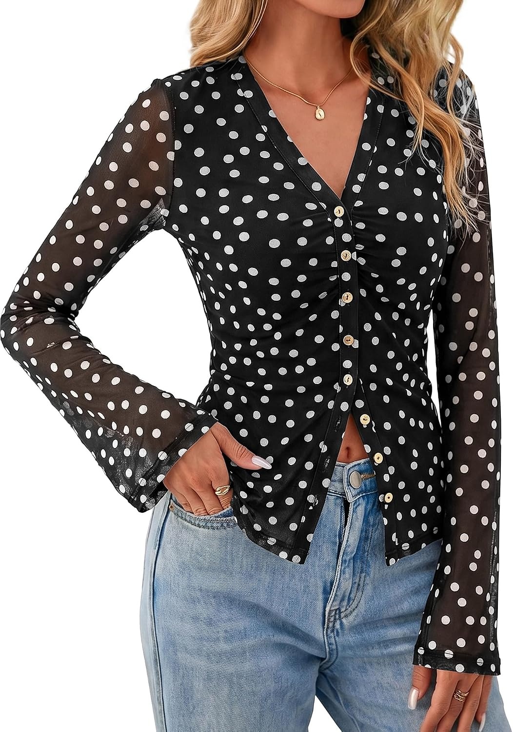 image:imageBTFBM Button Down Shirts for Women Fall Outfits 2026 Mesh Floral Boho TopsPolka Dot Black White