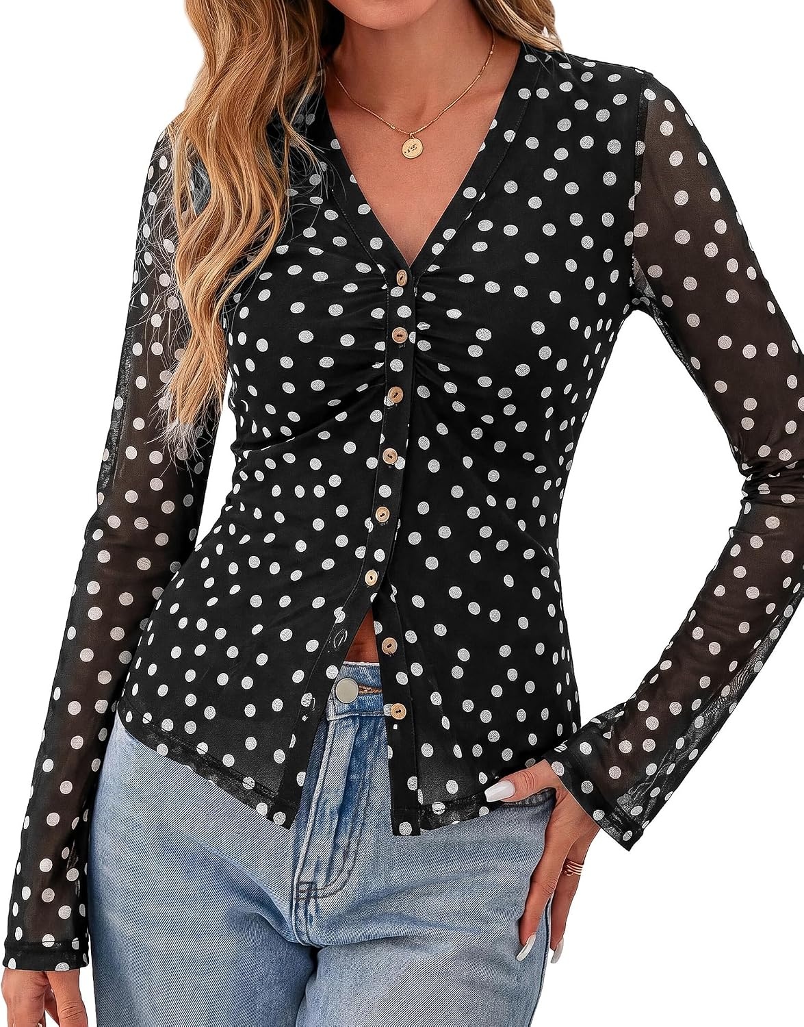 image:imageBTFBM Button Down Shirts for Women Fall Outfits 2026 Mesh Floral Boho TopsPolka Dot Black White