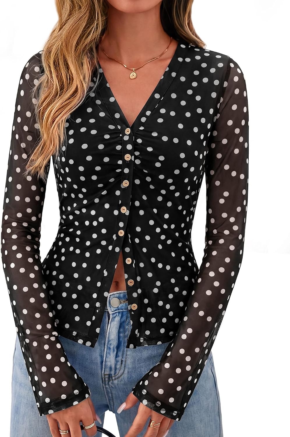 image:imageBTFBM Button Down Shirts for Women Fall Outfits 2026 Mesh Floral Boho TopsPolka Dot Black White