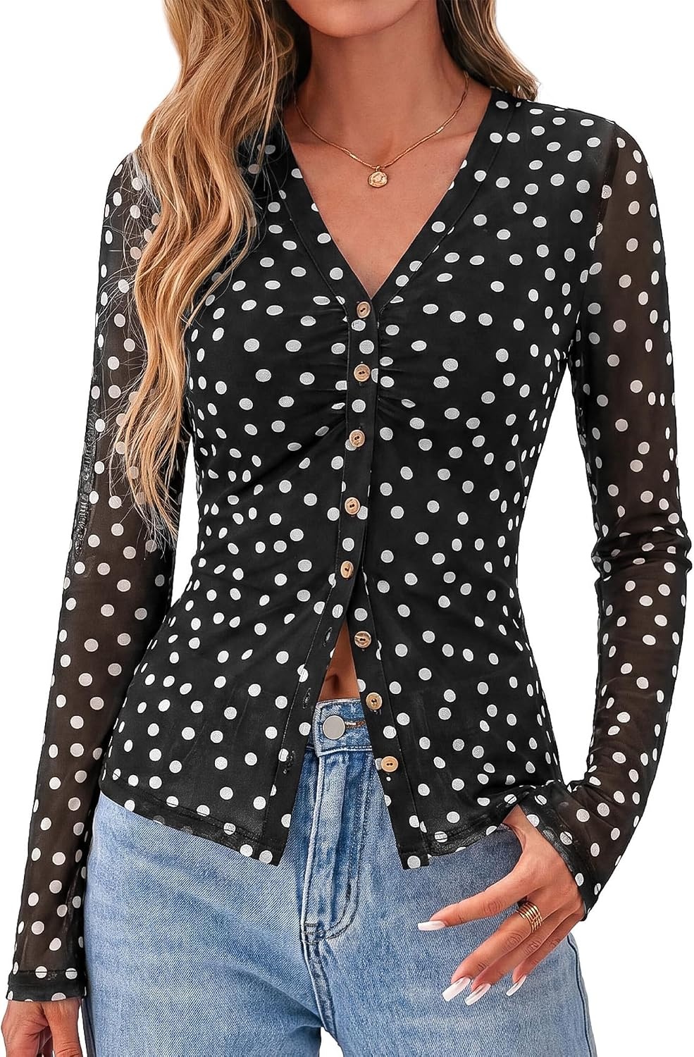 image:imageBTFBM Button Down Shirts for Women Fall Outfits 2026 Mesh Floral Boho TopsPolka Dot Black White