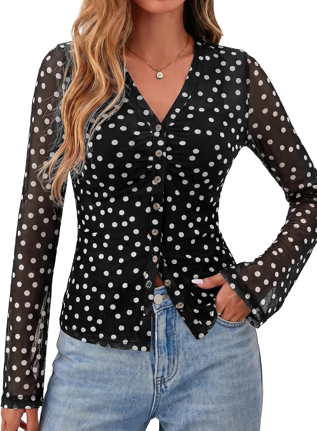 image:imageBTFBM Button Down Shirts for Women Fall Outfits 2026 Mesh Floral Boho TopsPolka Dot Black White