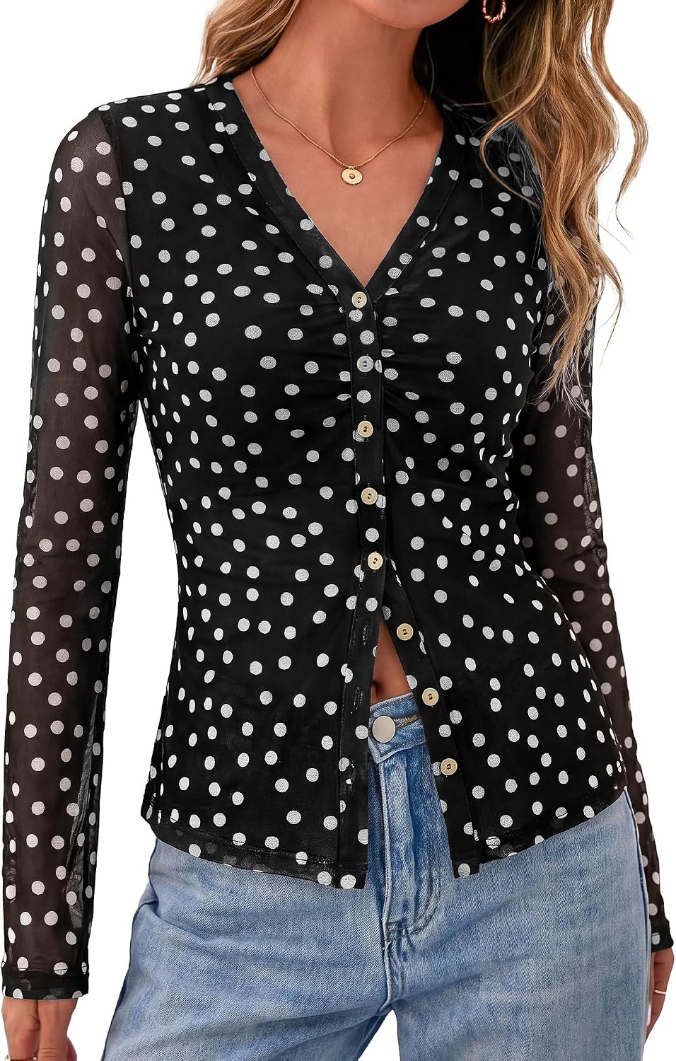image:imageBTFBM Button Down Shirts for Women Fall Outfits 2026 Mesh Floral Boho TopsPolka Dot Black White