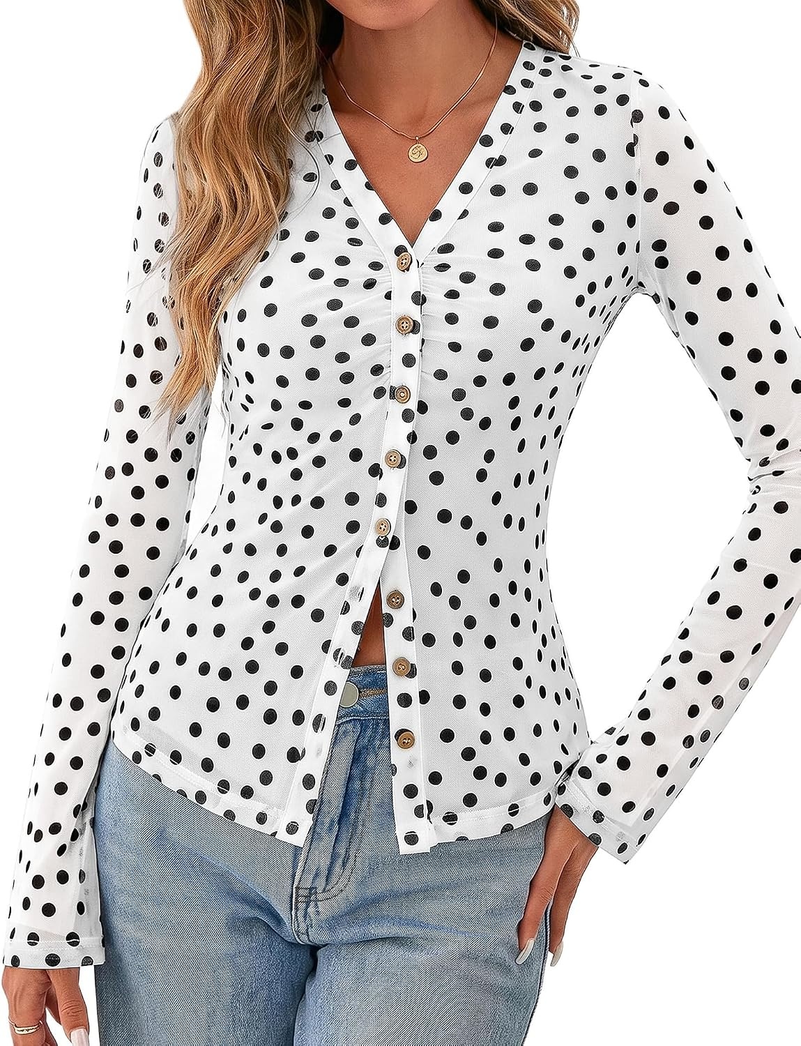 image:imageBTFBM Button Down Shirts for Women Fall Outfits 2026 Mesh Floral Boho TopsPolka Dot White Black