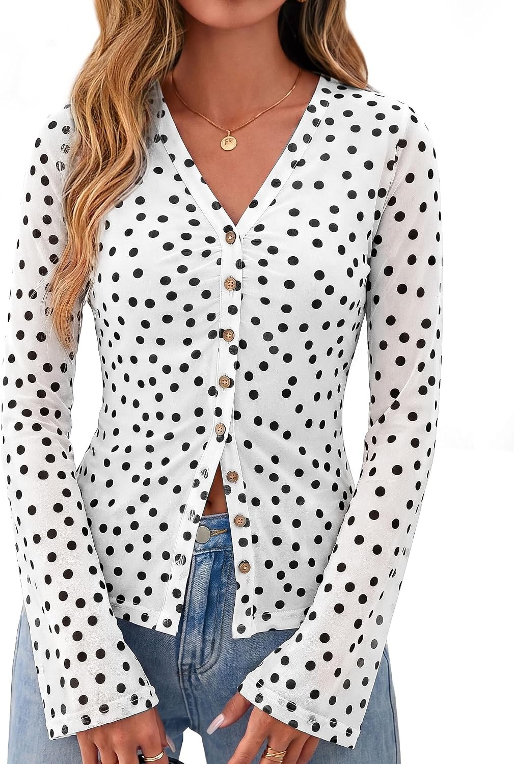 image:imageBTFBM Button Down Shirts for Women Fall Outfits 2026 Mesh Floral Boho TopsPolka Dot White Black