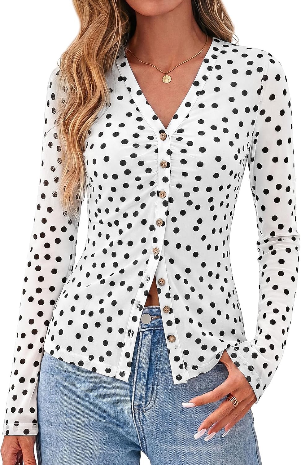 image:imageBTFBM Button Down Shirts for Women Fall Outfits 2026 Mesh Floral Boho TopsPolka Dot White Black