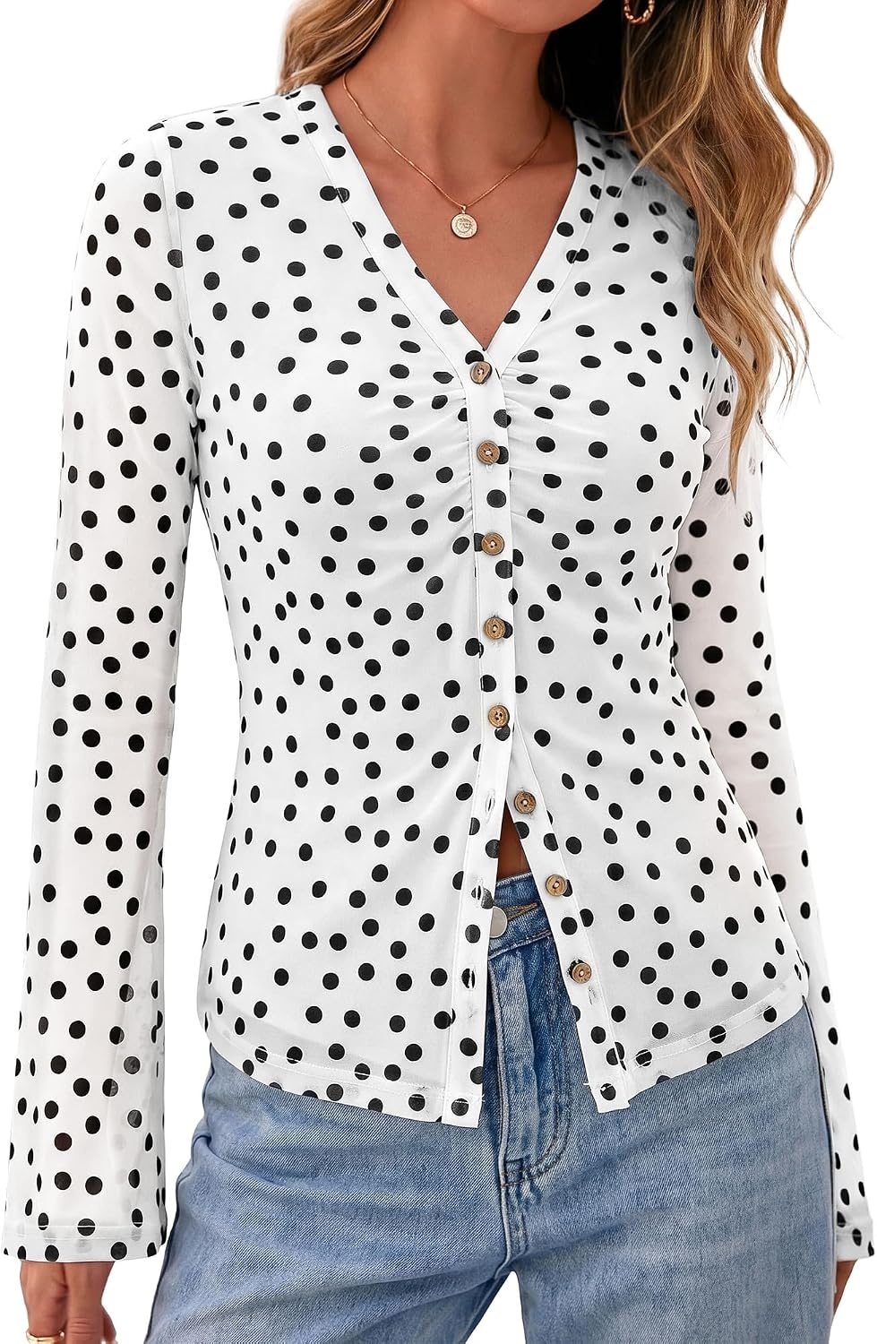 image:imageBTFBM Button Down Shirts for Women Fall Outfits 2026 Mesh Floral Boho TopsPolka Dot White Black