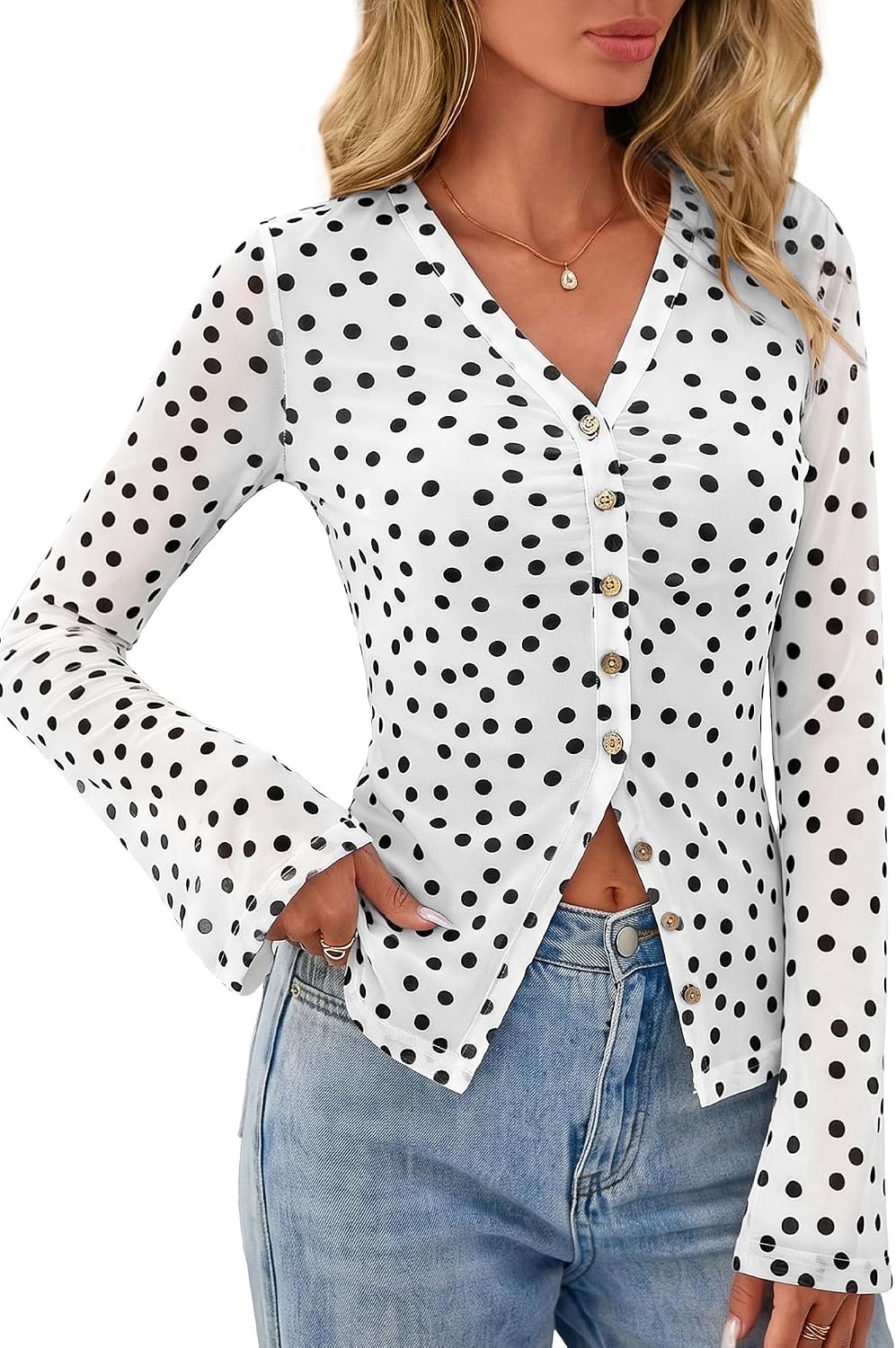 image:imageBTFBM Button Down Shirts for Women Fall Outfits 2026 Mesh Floral Boho TopsPolka Dot White Black
