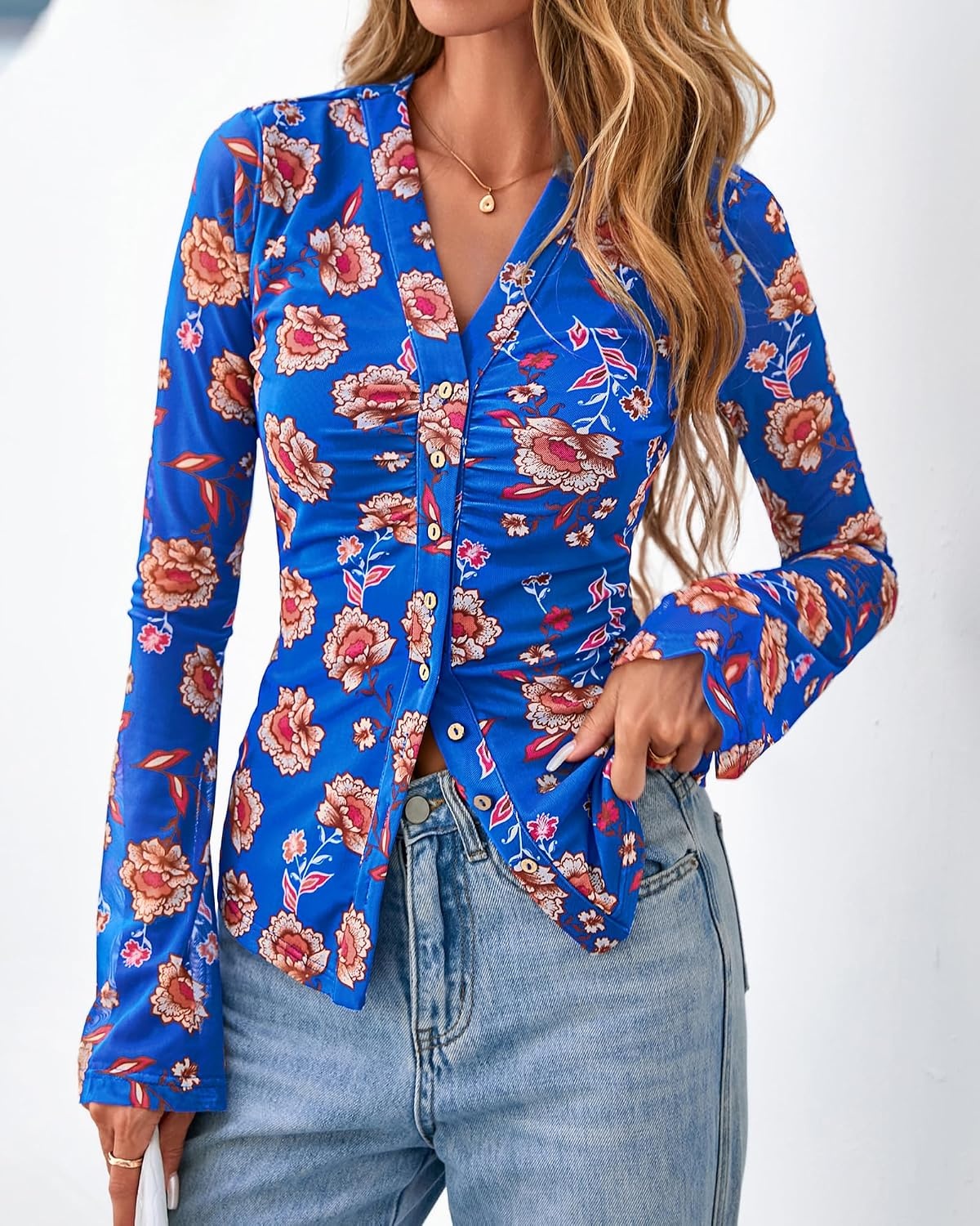 image:imageBTFBM Button Down Shirts for Women Fall Outfits 2026 Mesh Floral Boho TopsRoyal Blue