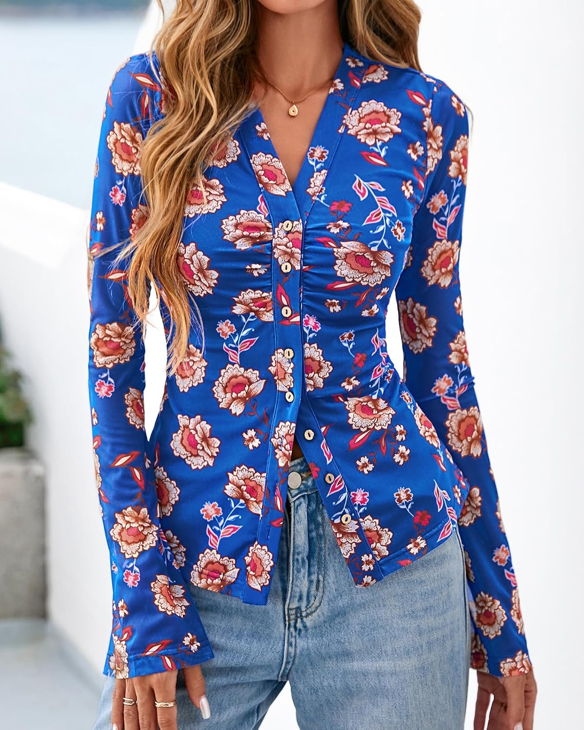 image:imageBTFBM Button Down Shirts for Women Fall Outfits 2026 Mesh Floral Boho TopsRoyal Blue