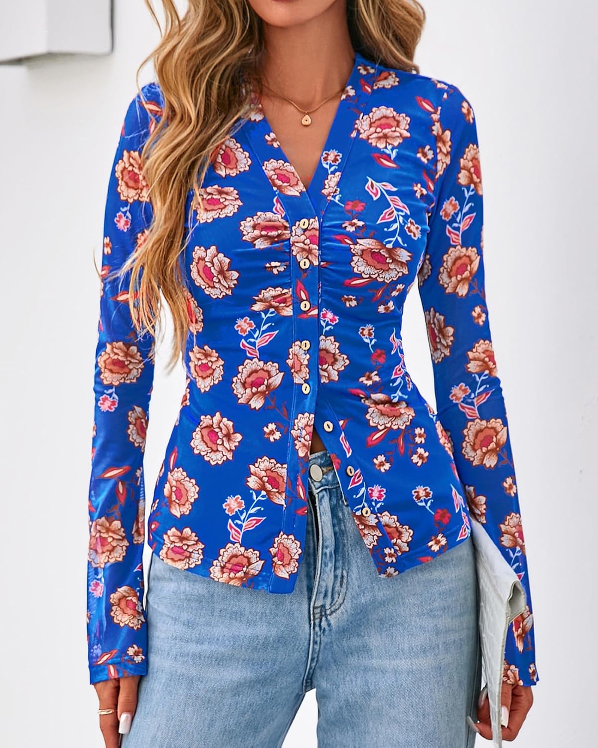 image:imageBTFBM Button Down Shirts for Women Fall Outfits 2026 Mesh Floral Boho TopsRoyal Blue