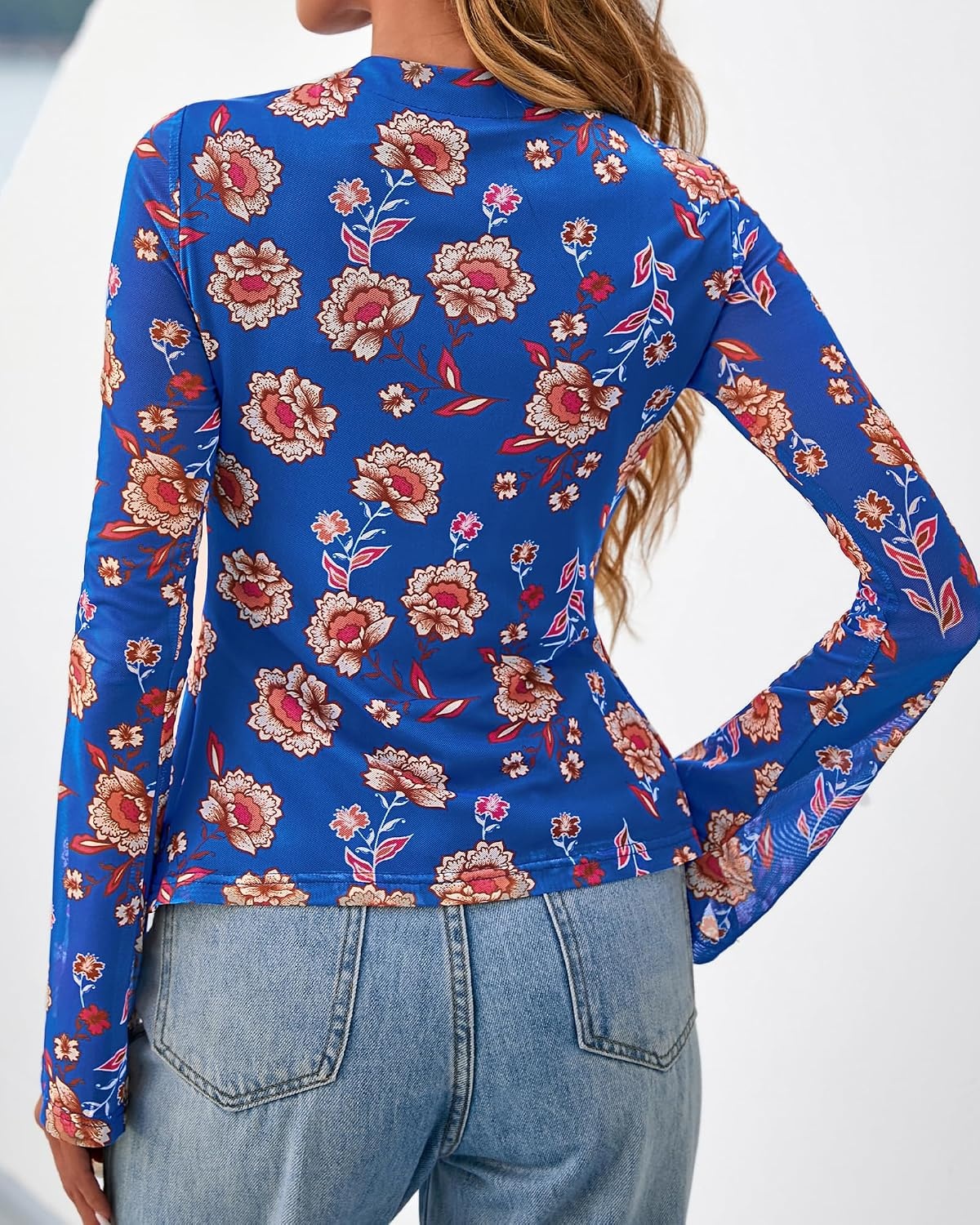 image:imageBTFBM Button Down Shirts for Women Fall Outfits 2026 Mesh Floral Boho TopsRoyal Blue
