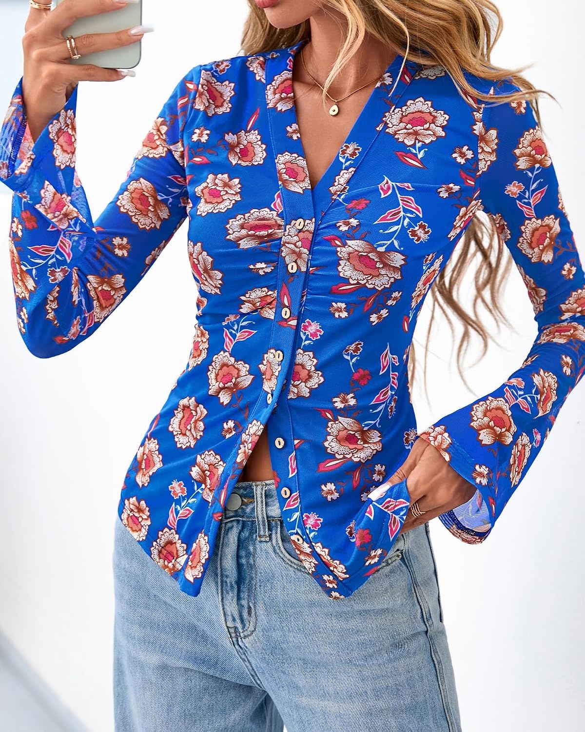 image:imageBTFBM Button Down Shirts for Women Fall Outfits 2026 Mesh Floral Boho TopsRoyal Blue