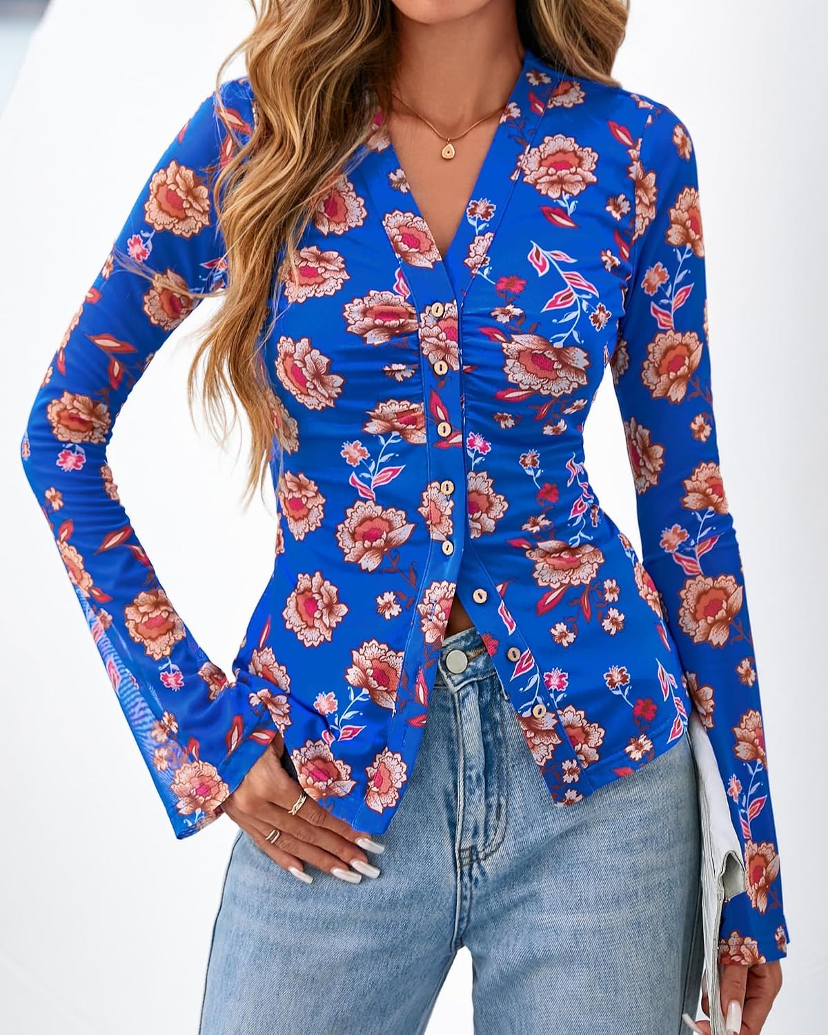 image:imageBTFBM Button Down Shirts for Women Fall Outfits 2026 Mesh Floral Boho TopsRoyal Blue