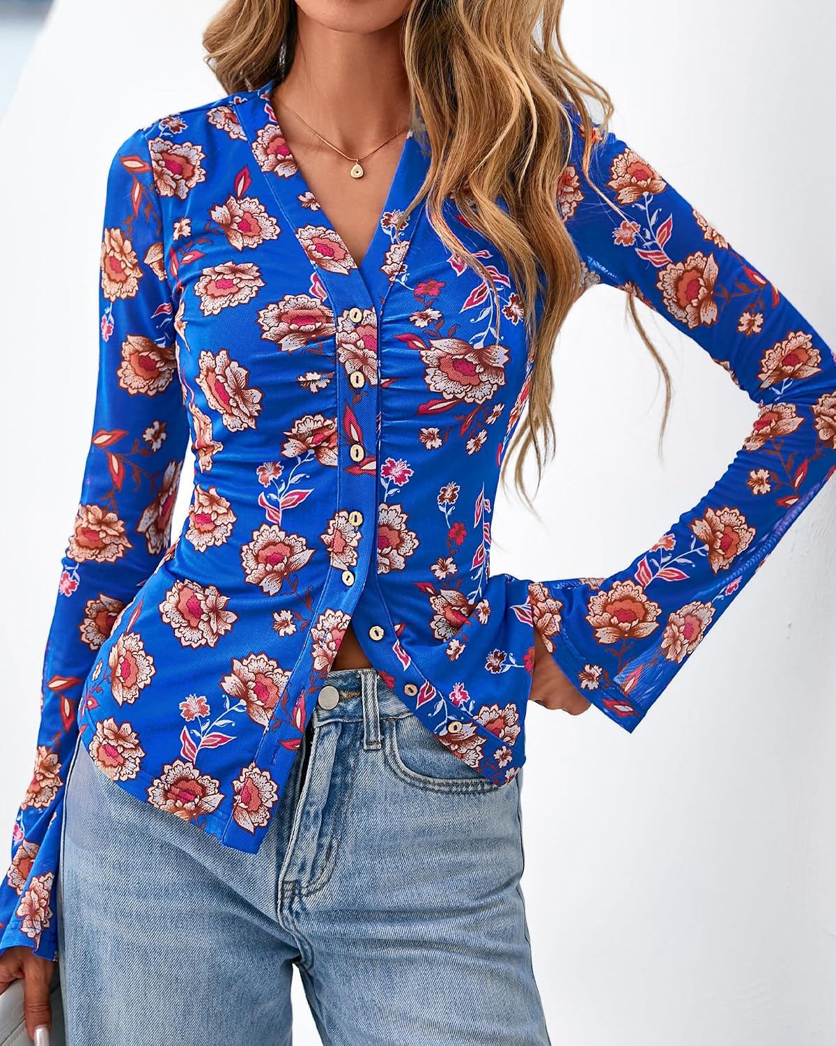 image:imageBTFBM Button Down Shirts for Women Fall Outfits 2026 Mesh Floral Boho TopsRoyal Blue